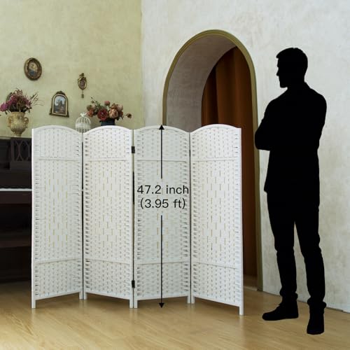 Compact 4 Panel Short Room Divider, 47.2 Inch Tall Double-Sided Rattan Folding Privacy Screen for Home & Office,White - color: White, size: 4 Panel