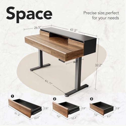 HUANUO Electric Standing Desk with Drawers, Height Adjustable, Black Walnut | 5 Storage Drawers, Whole-Piece Board, Sit Stand Up Desk with Monitor Shelf, 4 Memory Presets, Home Office Computer Desk
