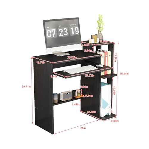 35" Compact Computer Desk with 3-Tier Storage Shelves & Keyboard Tray – Small Study Table for Bedroom or Home Office (Black) - color: Black