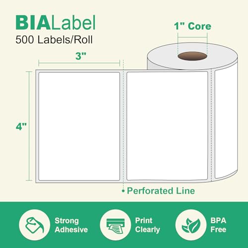 4 x 3 Inch Direct Thermal Labels, 12 Rolls, 6,000 Labels | Compatible with Zebra, Rollo and Other Desktop Direct Thermal Printers, Permanent Adhesive, Easy-Tear Perforations - size: 4" x 3"