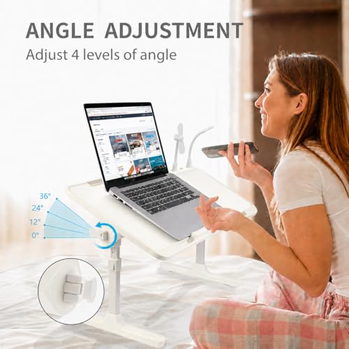 Adjustable Lap Desk with USB Fan & LED Light, Height & Angle Adjustable Laptop Bed Tray Table, Foldable Laptop Stand for Bed, Couch, Sofa & Floor,White