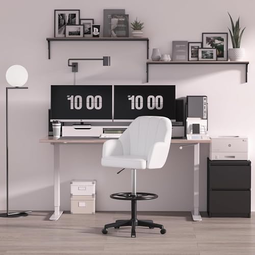 VECELO Home Office Desk Chair with Height Adjustable Seat and Footrest Ergonomic PU Standing Swivel Stool with Back and Arm