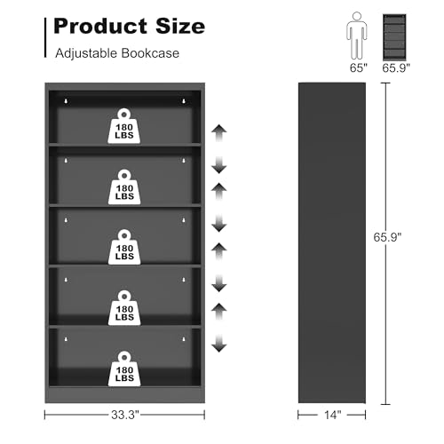 OSEILLC Bookshelf, Metal 5 Tier Industrial Bookshelves, 14" Deep Book Case for Book/Decor/CD/Movie, Adjustable Book Shelf, 66" Tall Modern Bookshelf for Bedroom Living Room Home Office School, Black - color: Black, size: 66"H*33.3"W