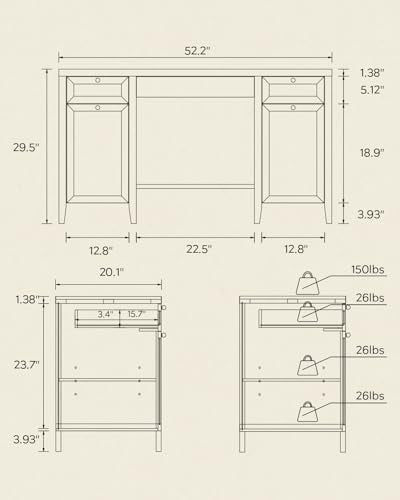 52" Executive Desk with Storage Drawers, Farmhouse Home Office Desk with 2 Storage Cabinets Wood Computer Writing Desk for Study Office, Natural Oak - color: Natural Oak, size: 20.1"D x 52.2"W x 29.5"H