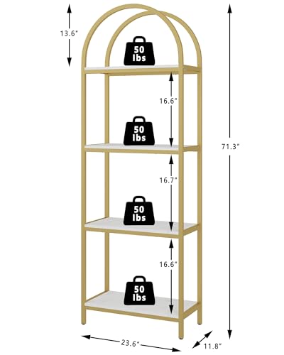 Yusong Bookshelf 4 Tier Arched Bookcase, 71.3" Tall Industrial Open Book Shelves for Living Room, Modern Freestanding Display Shelving Storage Rack Metal Frame, Office, Bedroom,Gold White - color: Gold, size: 4 Tier Non-LED Arched