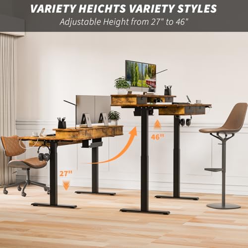 Kingant Electric Standing Desk with 4 Drawers, Height Adjustable 63"x 30" - color: Rustic Brown, size: 63" x 30"