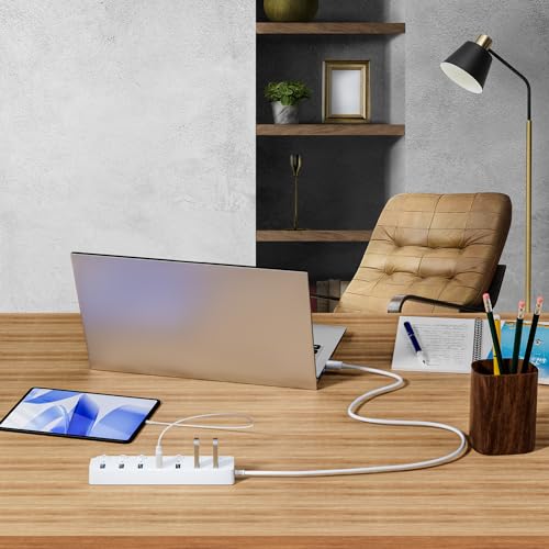 USB Hub 7 Port, USB Splitter with Individual On/Off Switches and Lights - color: White