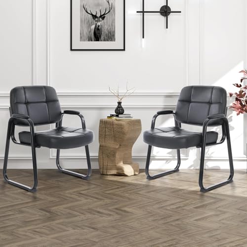 CLATINA Big Tall 400 lbs Waiting Room Chairs with Padded Arms Leather Guest Chair no Wheels for Office Reception Lobby and Conference Desk with Sled Base, Black, 8PK - color: Black-sledbase, size: 8PK