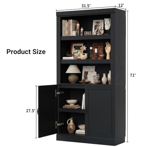 Unikito 71” Tall Bookshelf and Bookcase with Doors and Adjustable Shelves | 5-Tier Storage Book Cases, Thick Wood and Sturdy, Industrial Display Cabinet for Living Room, Home Office, Bedroom, Black - color: Black, size: 31.5 Inch