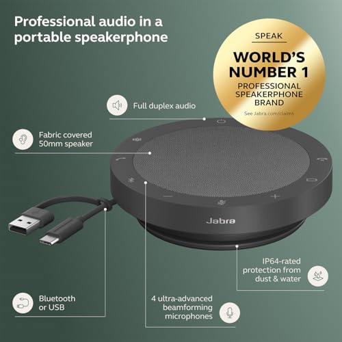 Jabra Speak2 55 Wireless Bluetooth Speakerphone (2025 Edition), Dark Grey | Portable Speakerphone, 4 Noise-Cancelling Microphones, Microsoft Teams Certified, Clear Sound for Online Meetings