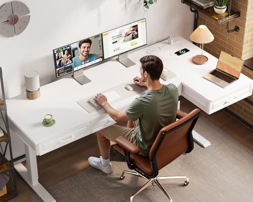 63 Inch L Shaped Standing Desk with 4 Wooden Drawers, White | Reversible Corner Table, Office Table With 4 Wooden Drawers and Outlets For Home Office, Computer Workstation, Sit Stand Use - color: White, size: 63 Inch