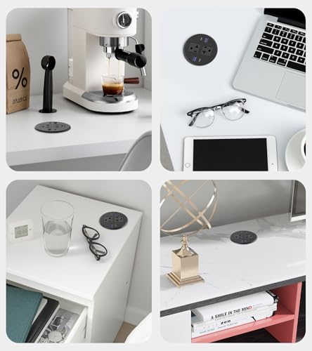 CCCEI 3.15 inch Power Grommet with USB Ports, Office Desk Hole Round Recessed Outlets, Flush Mount, Furniture Hidden High Amp Plug Station, Black, 6FT Extension Cord. - size: 6FT