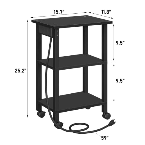 TUTOTAK Printer Stand, 3 Tier Rolling Printer Cart with Charging Station | Small Under Desk Printer Table with Wheels for Small Space, Office, Home, Black PS01BK001 - color: Black, size: 3 tier(15.7 x 11.8 x 23.6inchs)