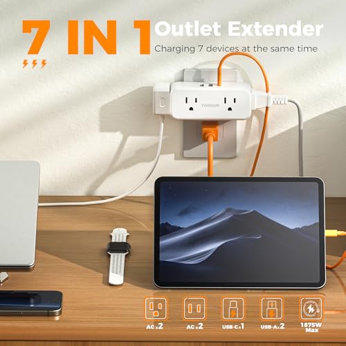 TESSAN Wall Outlet Extender, Multi Plug Mini Wall Expander, White - color: White with USB-C, size: 7 Outlets