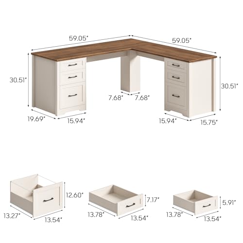 Vabches 59" L-Shaped Executive Desk with 6 Drawers for Home Office, White - color: 59in White With L-shaped