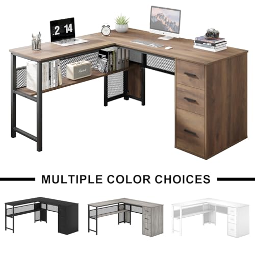 LVB Reversible L Shaped Desk with Drawer, 59" Computer Desk with Storage - color: Rustic Oak