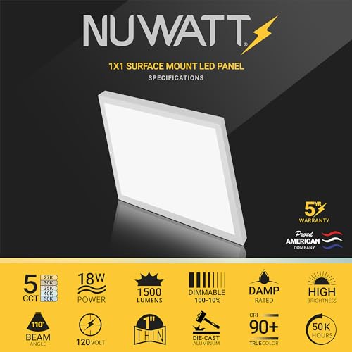 1x1 LED Light Panel Surface Mount Dimmable, 5CCT 2700K-5000K, CRI90 | 1500 Lumen, ETL, 18W, 120V, 2700K/3000K/3500K/4000K/5000K Selectable, Low Profile Square 12" Inch Ceiling Light, Aluminum