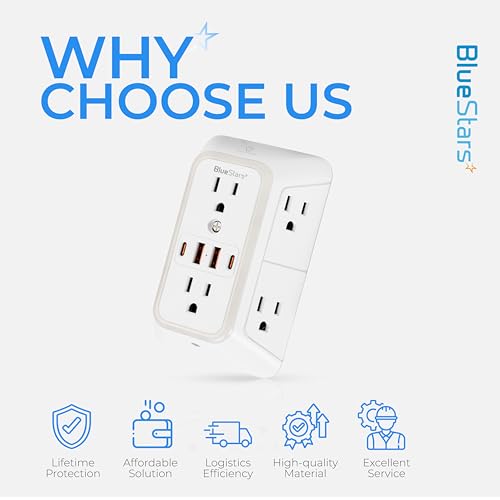 Wall Mount Power Strips Wall Charger 6 Outlet Extender 4 USB Ports (5V, 2.4A, 12W) and Night Light 3-Sided Power Strip with Adapter Spaced Outlets - Multi Plug Outlet Surge Protector for Home Office - color: White