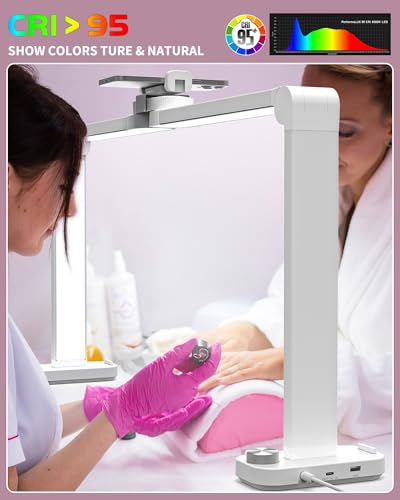 Nail Desk Lamp for Nail Tech, Foldable 34in 48W Half Moon White Light With Phone Holder and USB Charging Port, 3 Color Temperature Dimmable LED Desk Light for Handicrafts, Manicure, Tattoos, Painting - color: White - Rectangle