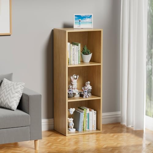 3 Tier Bookshelf, Narrow Bookcase for Small Spaces, Wooden Book Case Bookshelves Storage Organizer for Bedroom Living Room Home Office (Oak, 3 Cube) - color: Oak, size: 3-Cube