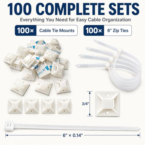 100 Pack Cable Tie Mounts with 6 Inch Zip Ties, Self Adhesive - color: White