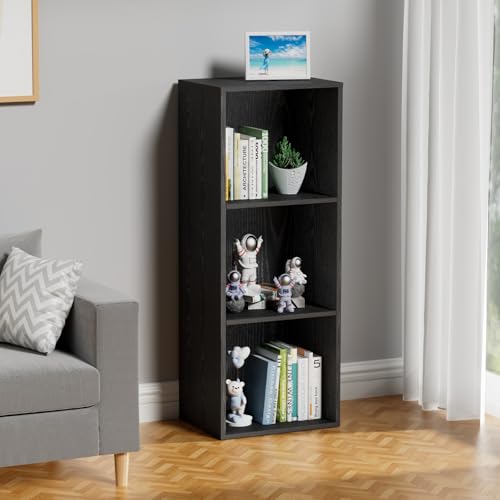 3 Tier Bookshelf, Narrow Bookcase for Small Spaces, Wooden Book Case Bookshelves Storage Organizer for Bedroom Living Room Home Office (Black, 3 Cube) - color: Black, size: 3-Cube
