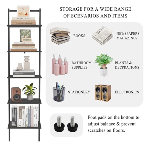 5-Tier Wall Mounted Ladder Shelf, Black, 64.7" H - color: Black, size: 5 Tier