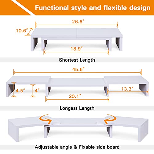 SUPERJARE Large Monitor Stand Riser, Adjustable Screen Stand for Laptop Computer/TV/PC, Upgrade Length Desktop Organizer - White