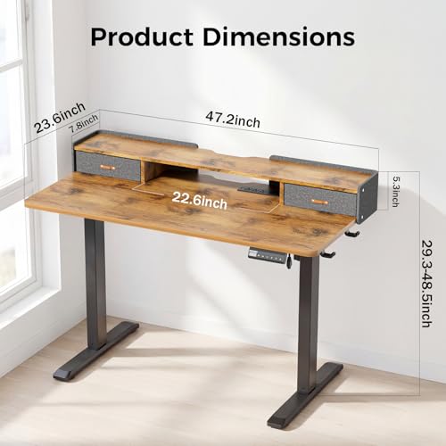 Electric Standing Desk with Drawers, 48 Inch Height Adjustable Desk with Power Outlets & LED Lights, Sit Stand Table with Monitor Stand for Home, Office, Brown - color: Brown, size: 48×24 Inch Rectangular with Drawers
