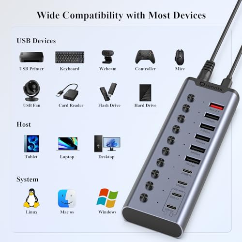 Powered USB Hub, Individual Switches and 24V/3A Power Adapter - color: Gery