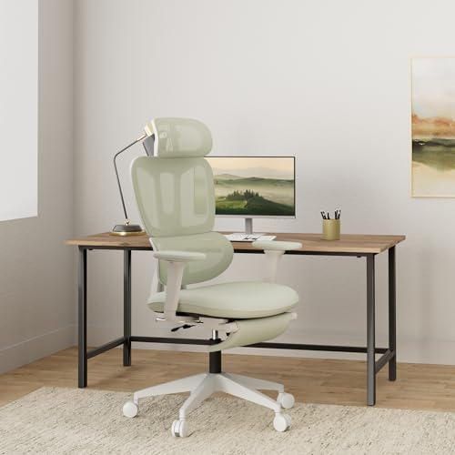 Ergonomic Mesh Office Chair with Retractable Footrest - High Back Computer Chair, Lumbar Support, Adjustable Armrest and Headrest, Durable Base - Multifunctional Home Office Desk Chair for Adults - color: Green