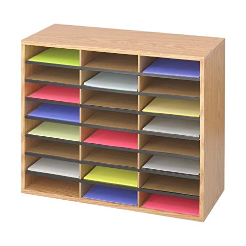 Safco Literature Organizer, 24 Compartments, Office and Classroom Mailbox with Adjustable Shelves, Wood Paper and Mail Sorter, Medium Oak - style: 24 Compartment