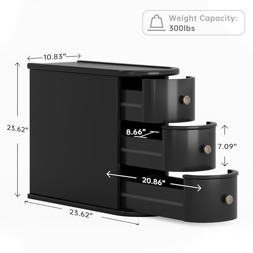 Wood End Table with 3 Drawers, No Assembly Required Narrow Sofa Side Table for Living Room, Vintage Slim Nightstand Bedside Table Bedroom (3 Drawers, Black, 2 Pcs) - color: Black, size: 2 Pcs, style: 3 Drawers