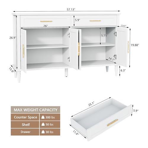 58 Inch Sideboard Buffet Cabinet with Storage, Fluted Buffet Storage Cabinet with 2 Drawers and 4 Doors, Modern Coffee Bar with Adjustable Shelves for Living Room, Kitchen (White) - color: White