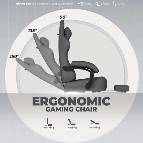 GTPLAYER Big and Tall Gaming Chair 400lbs Heavy Duty Office Chair with Footrest, High Back Pocket Spring Ergonomic Computer Chair for Adults, Wide Seated Cushion with Linkage Armrests, Leather Grey - color: Dark Grey