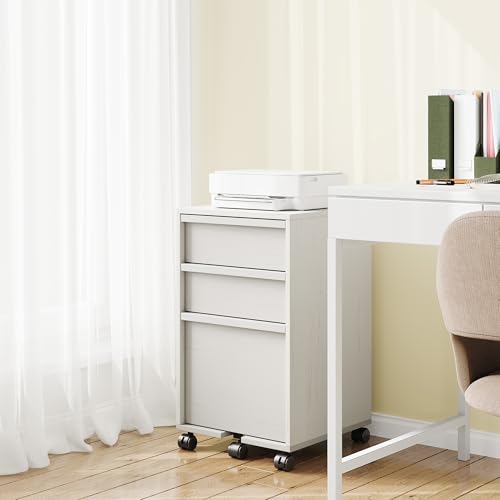 Garvee Rolling File Cabinet with 3 Drawers, Wood Mobile Filing Cabinet for Home Office, Under Desk Printer Stand with Wheels, Large File Drawer, 2 Locking Casters, White - color: White