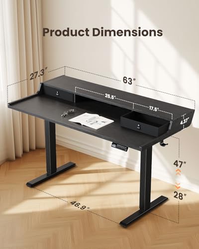 ErGear Electric Standing Desk with Drawers, 63″ x 28″ Gaming Table Compatible Monitor Stand, Stand up Desks, Home Office Height-Adjustable Desk with Storage Shelf, 4 Preset Heights, Black - color: Black, size: 63" X 28"