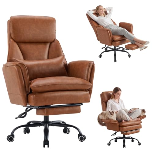 Big and Tall Office Chair, Ergonomic Computer Desk Chair with Footrest, Wide Seat Reclining Gaming Chair, Flip Armrests for Cross Legged Sitting, Heavy Duty Support up to 400LBS, PU, Brown - color: Brown