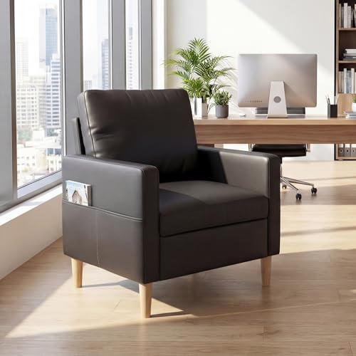Leather Accent Chair, Living Room Chair with Wooden Legs (Black, 1) - size: 1pc