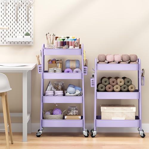 TOOLF 4 Tier Rolling Cart, Metal Utility Storage Cart with Pegboard, Purple | 2 Bins & 4 Hooks, Screwless Assembly, Lockable Wheels, Trolley Organizer for Bathroom, Kitchen, Office, Dorm, Craft Room - color: Purple, size: 4-Tier