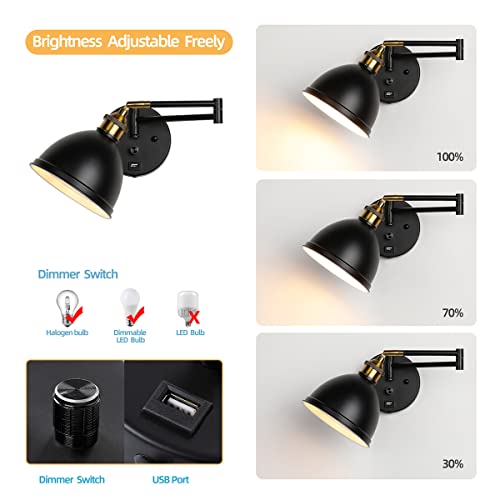 Swing Arm Wall Sconces, Plug-in Wall lamp,Bedroom Wall lamp , White Fabric Shade,,with dimmable Switch and USB Charging Port, Suitable for Bedside, Living Room, Reading (Metallic Black) - color: Metallic black