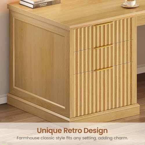 SEDETA Fluted 110.3" Two Person Desk with 7 Drawers for Office, Fluted Oak - color: Fluted Oak, size: 110.3" Two Person Desk