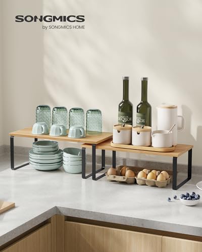SONGMICS Cabinet Organizer Shelf, Set of 2 Spice Rack, Kitchen Storage | Kitchen Counter Storage Spice Rack, Bamboo, Steel, Light Bamboo and Matte Black, BYSTRO Collection UKCS200B01 - color: Ink Black + Natural Beige, size: 15.6"w