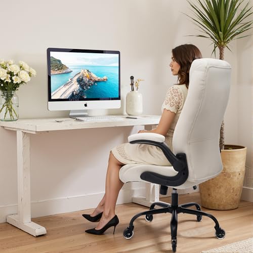 Big and Tall Office Chair for Heavy People, 400LBS High Back Extra Wide Executive PU Leather Office Chair with Flip-Up Armrests, Quiet Rubber Wheels, Comfortable Home Office Desk Chair (White) - color: White - Rubber Wheels
