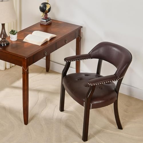 LEEMTORIG Faux Leather Dining Chair with Arms, Solid Wood Dining Chair with Supportive Back, Boss Caption's Chairs Office Desk Chairs, Espresso Legs & Dark Wine Red PU CY-NX173-318WR - color: Espresso Legs & Dark Wine Red Pu, size: Set of 1