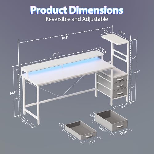 Mericonia 60 inch Gaming Desk with Drawers, Reversible Computer Desk, White - color: White, size: 60"