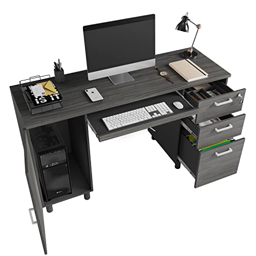 Modern Designs Venice Computer Desk with Lockable Drawers, 53 Inch Home Office Desk with Storage Cabinet, Keyboard Tray & Cable Management, Modern Study Writing Desk for Small Spaces, Black and Grey - color: Black Grey
