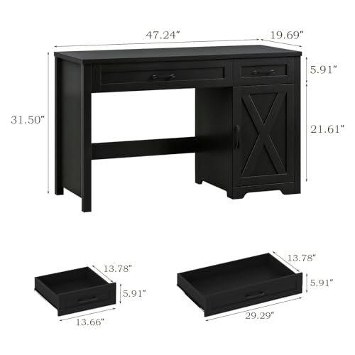 Halitaa Executive Desk with Storage Cabinet, Pure Black | Farmhouse 47" Computer Desk with Drawers, Workspace for Home Office and Study - color: Pure Black, size: 47''W with Drawers