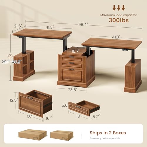 SEDETA 98.4'' Standing Two Person Desk with 3 Drawers, Storage Cabinet | Farmhouse Long Computer Desk, Electric Height Adjustable 2 Person Desk with Power Outlets for Home Office, Brown - color: Brown, size: 98.4 inches