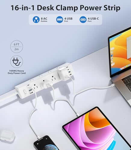 Jgstkcity Desk Clamp Power Strip 40W USB C,8 Outlets,8 USB,6FT,White | 40W Fast Charging Station,4 USB-C,4 USB-A,Furniture Nightstand Edge Mount Surge Protector, Fits 1.9" Tabletop Edge - color: White, size: 6FT Length